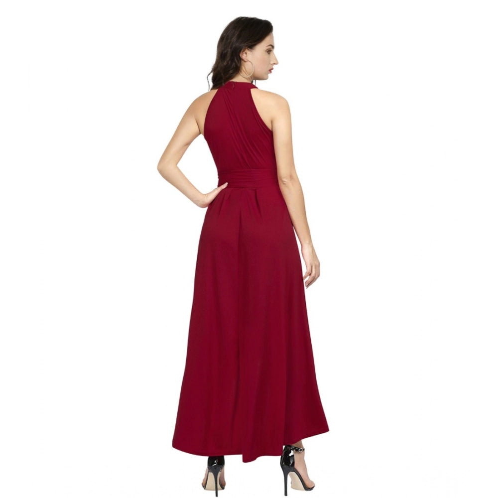 Snuggle Spot Women's Polyster Solid Halter Neck Sleeveless Dress (Maroon)