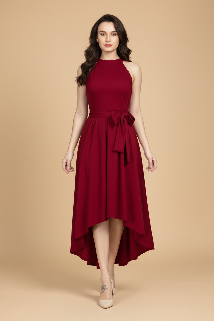 Snuggle Spot Women's Polyster Solid Halter Neck Sleeveless Dress (Maroon)