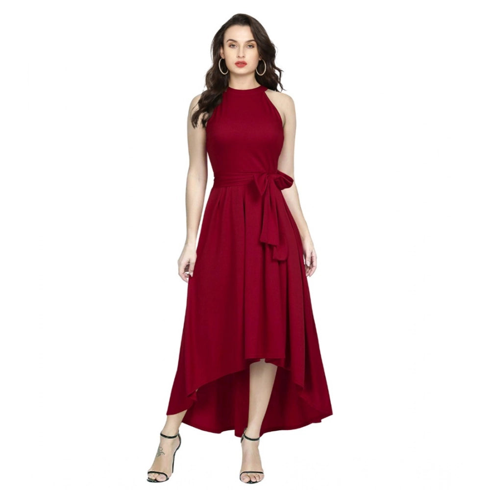 Snuggle Spot Women's Polyster Solid Halter Neck Sleeveless Dress (Maroon)