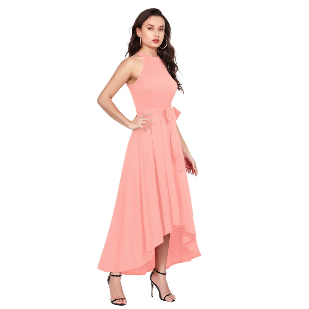 Snuggle Spot Women's Polyster Solid Halter Neck Sleeveless Dress (Peach)
