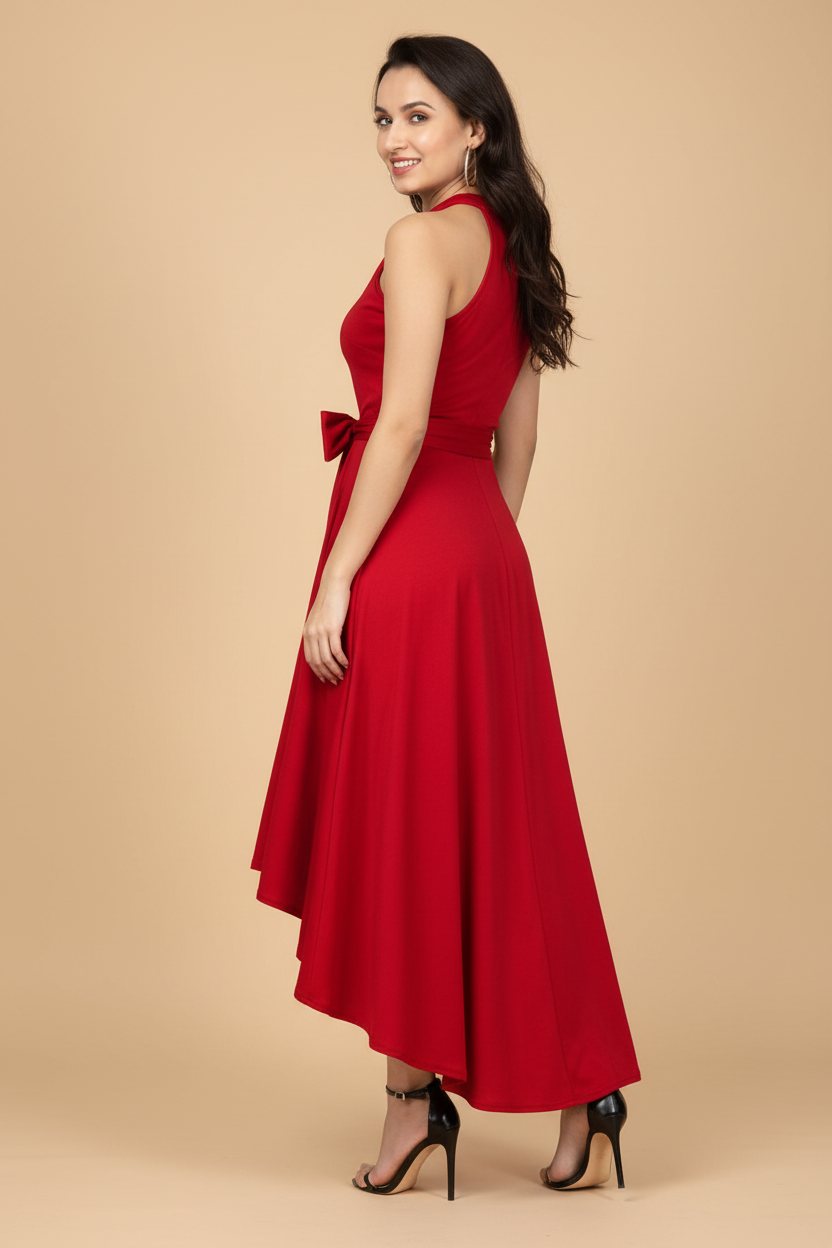 Snuggle Spot Women's Polyster Solid Halter Neck Sleeveless Dress (Red)