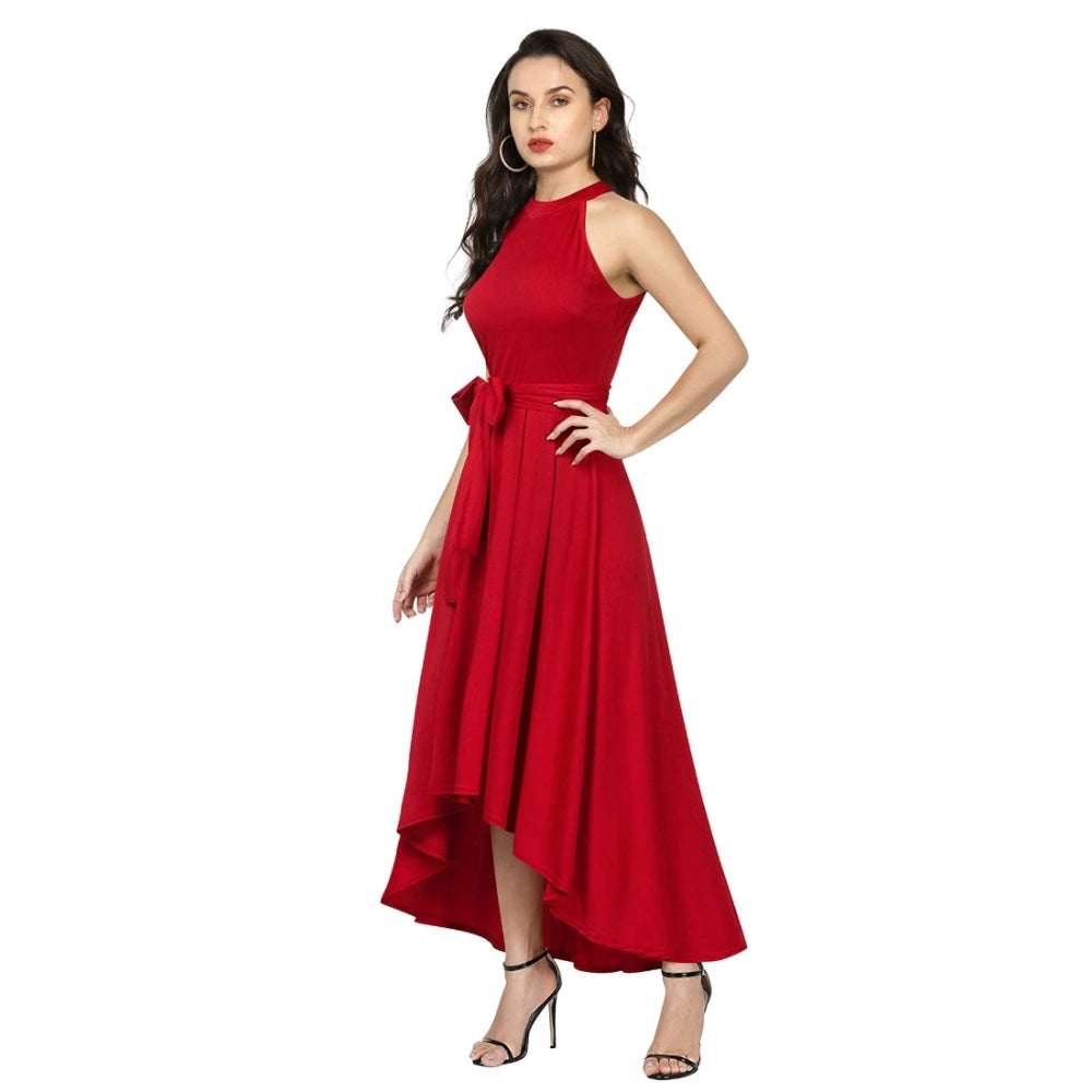 Snuggle Spot Women's Polyster Solid Halter Neck Sleeveless Dress (Red)