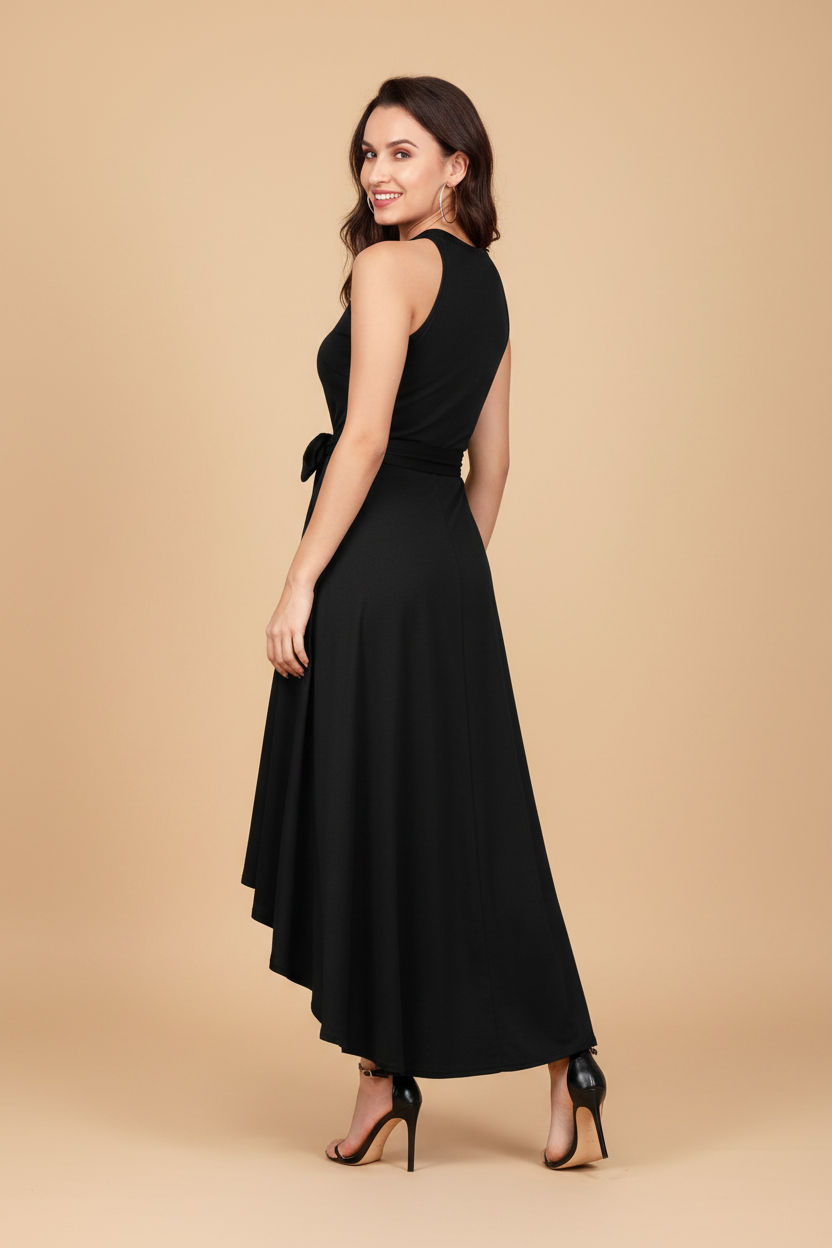 Snuggle Spot Women's Polyster Solid Halter Neck Sleeveless Dress (Black)