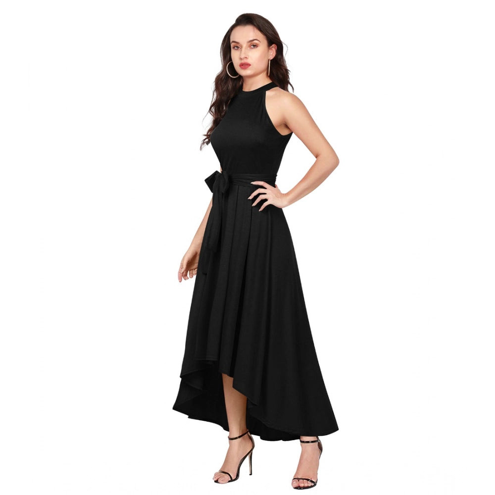 Snuggle Spot Women's Polyster Solid Halter Neck Sleeveless Dress (Black)