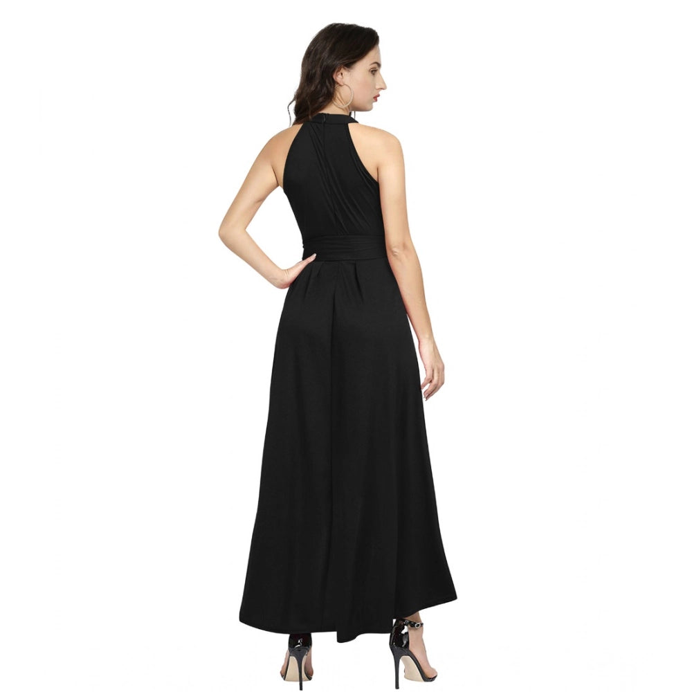 Snuggle Spot Women's Polyster Solid Halter Neck Sleeveless Dress (Black)