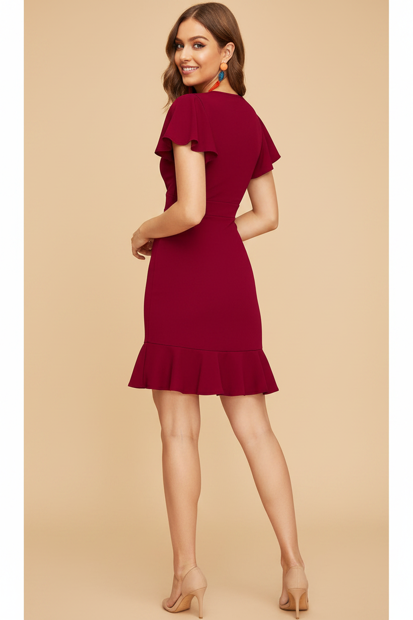 Snuggle Spot Women's Knitting stretchable Solid V Neck Flaired Sleeve Dress (Maroon )