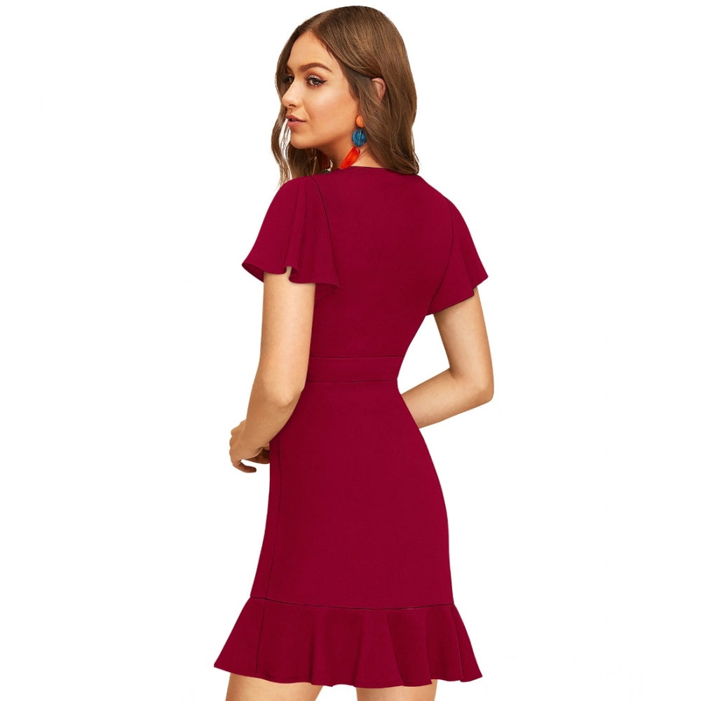 Snuggle Spot Women's Knitting stretchable Solid V Neck Flaired Sleeve Dress (Maroon )