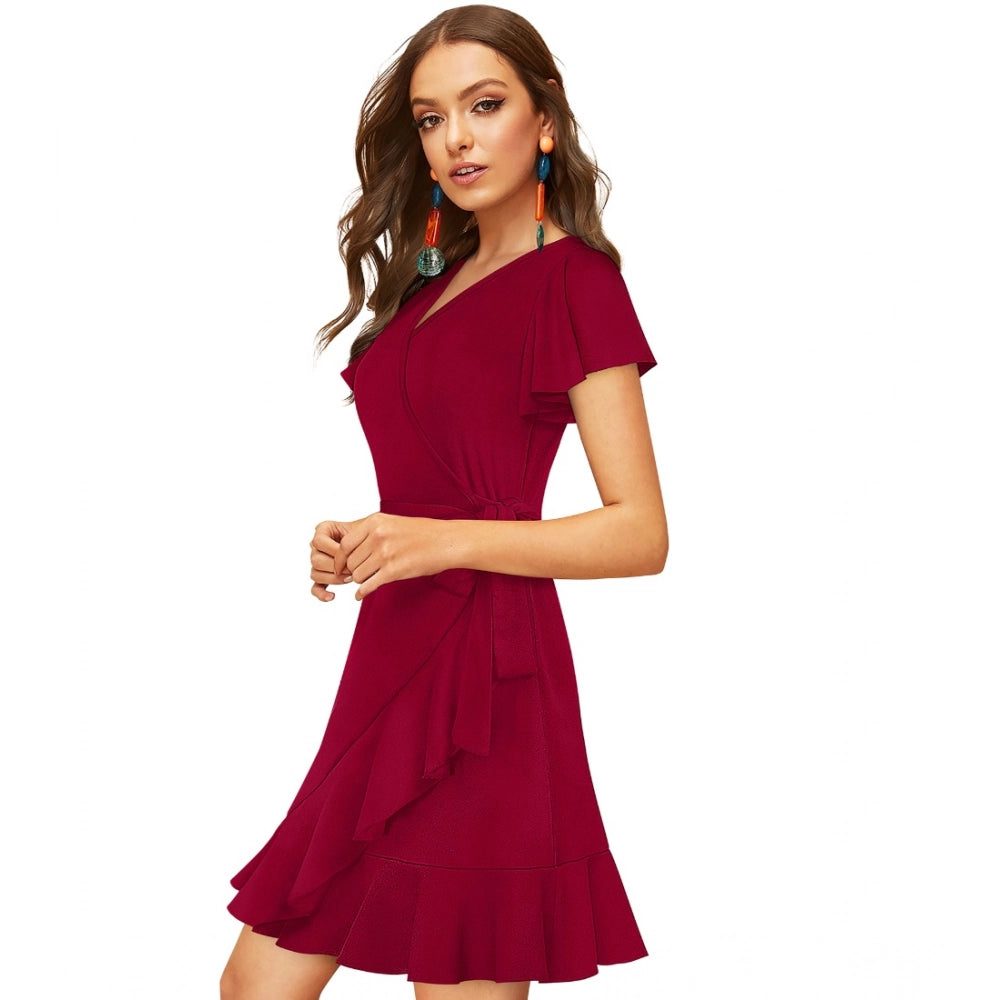 Snuggle Spot Women's Knitting stretchable Solid V Neck Flaired Sleeve Dress (Maroon )