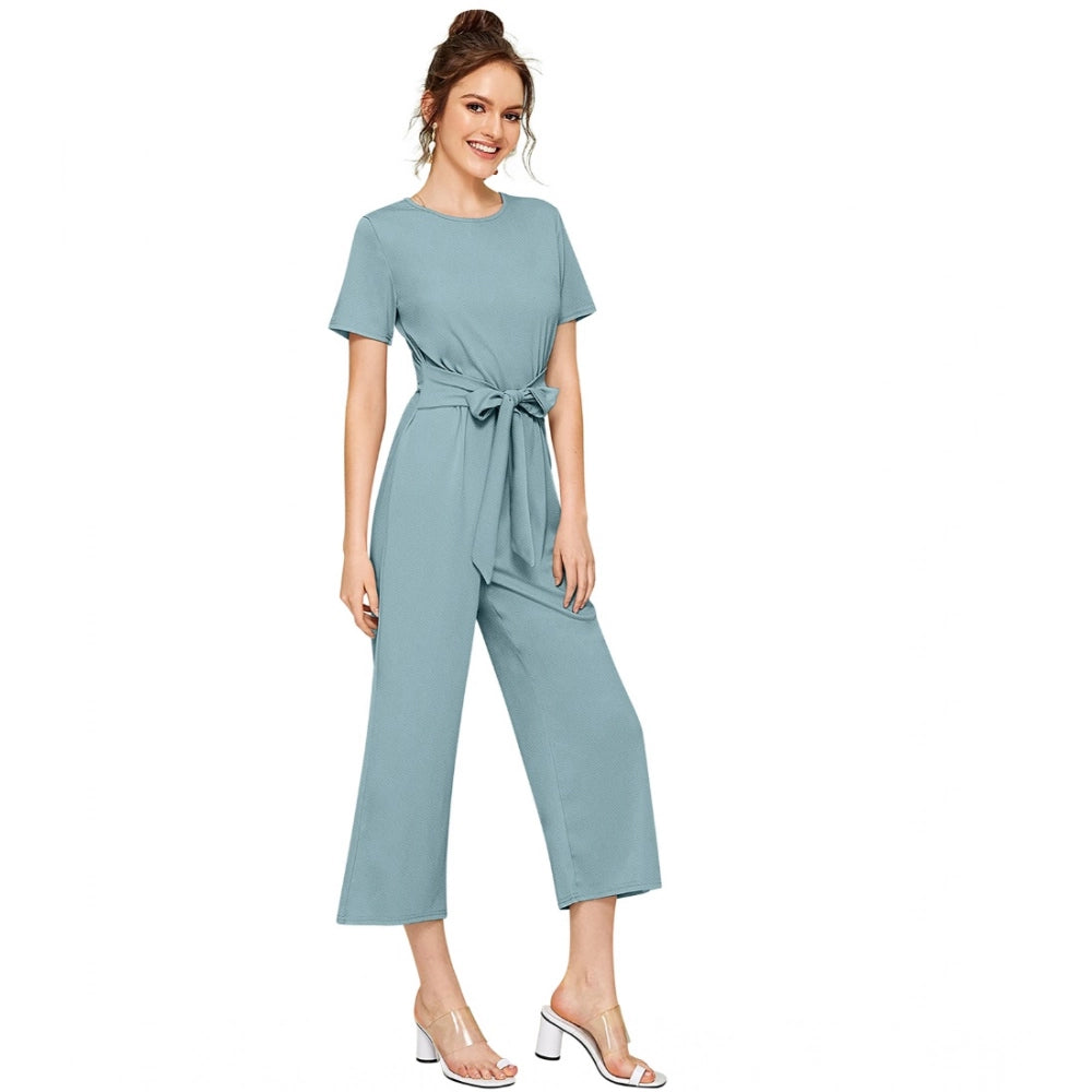 Snuggle Spot Women's Knitting stretchable Solid Round Neck Cap Sleeve Jumpsuit (Pista )