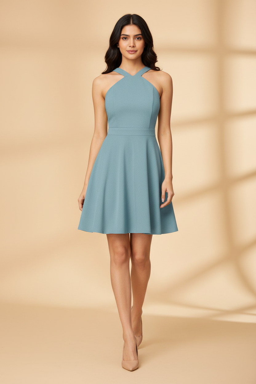 Snuggle Spot Women's Knitting stretchable Solid Halter Neck Sleeveless Dress (Pista )