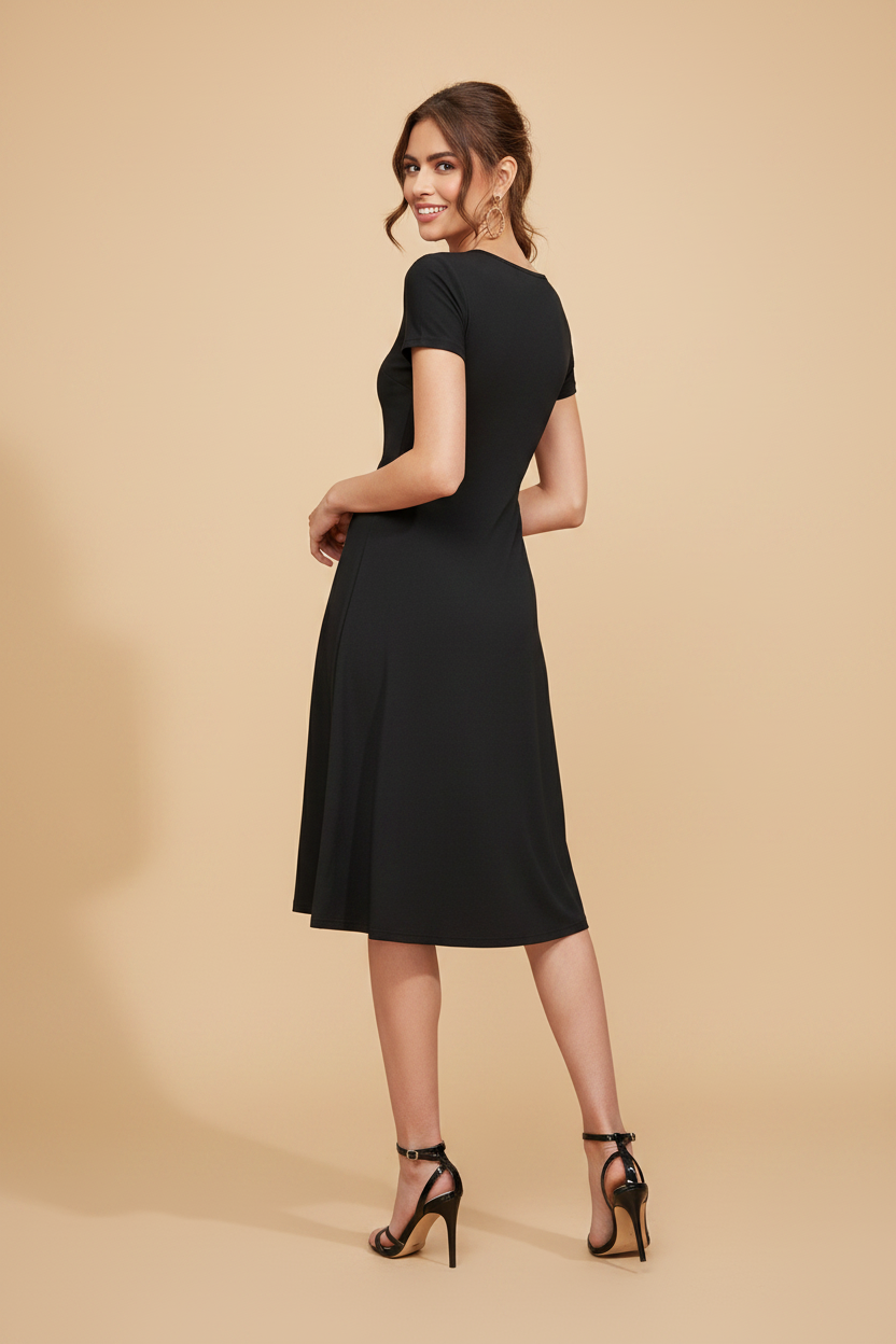 Snuggle Spot Women's Knitting stretchable Solid Round Neck Cap Sleeve Dress (Black)
