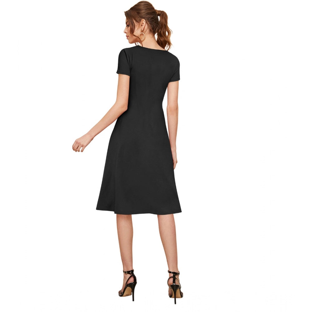 Snuggle Spot Women's Knitting stretchable Solid Round Neck Cap Sleeve Dress (Black)