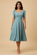 Snuggle Spot Women's Knitting stretchable Solid V Neck Cap Sleeve Dress (Pista)