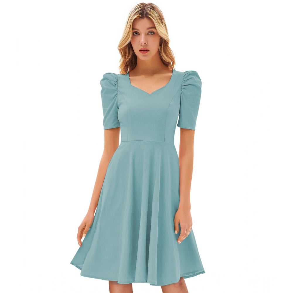 Snuggle Spot Women's Knitting stretchable Solid V Neck Cap Sleeve Dress (Pista)