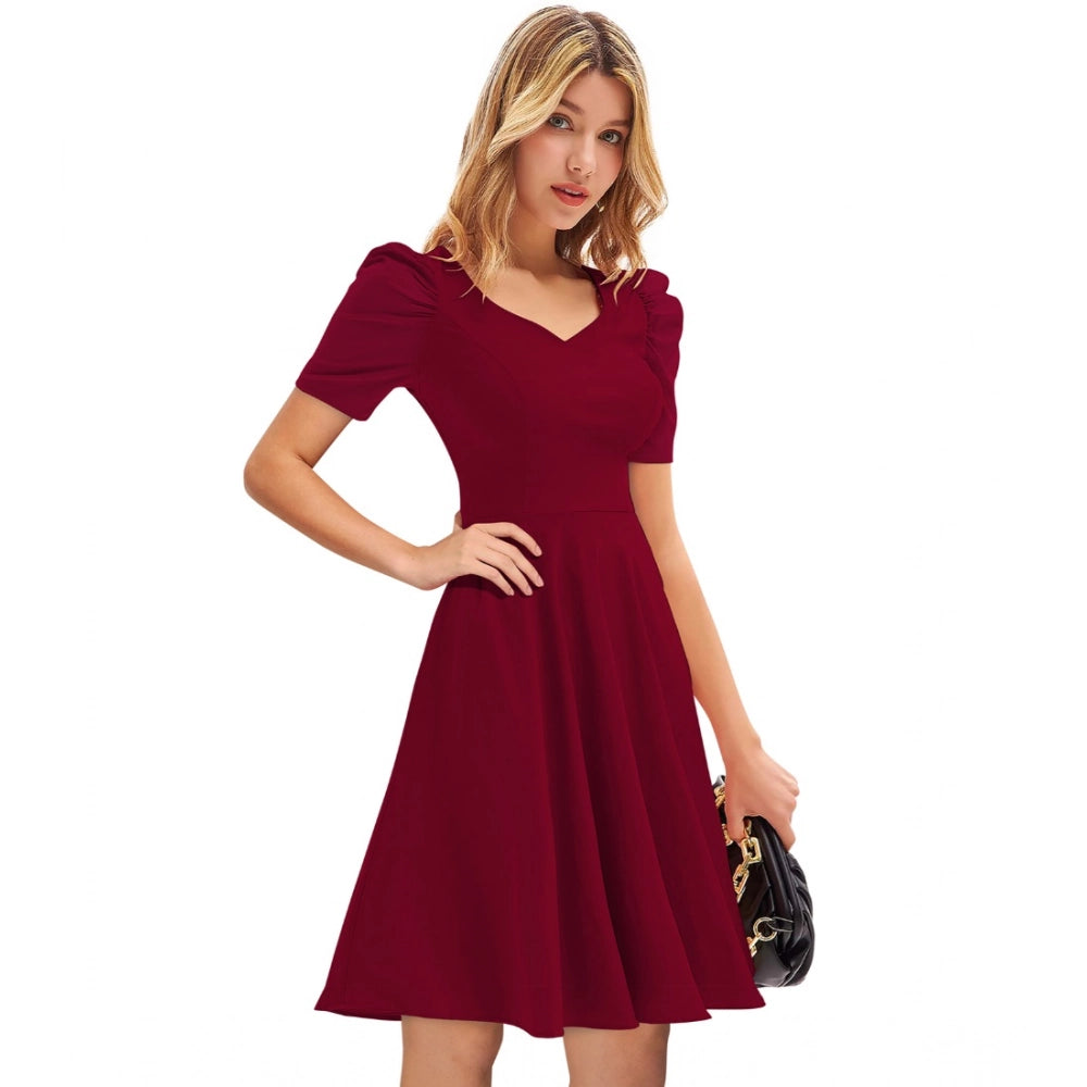 Snuggle Spot Women's Knitting stretchable Solid V Neck Cap Sleeve Dress (Maroon)