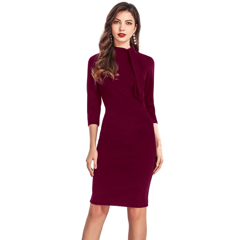 Snuggle Spot Women's Knitting stretchable Solid Round Neck 3-4th Dress (Maroon)