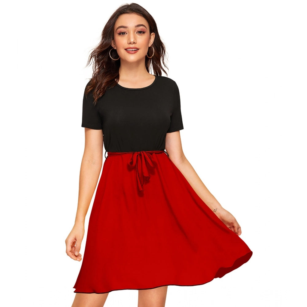 Snuggle Spot Women's Knitting stretchable Solid Round Neck Cap Sleeve Dress (Red)