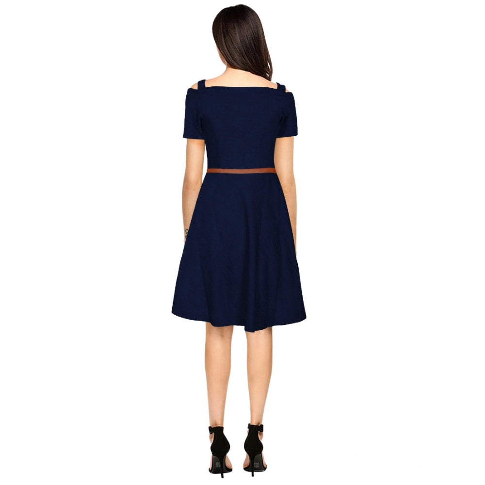 Snuggle Spot Women's Polyester Solid V Neck Cap Sleeve Dress (Blue)