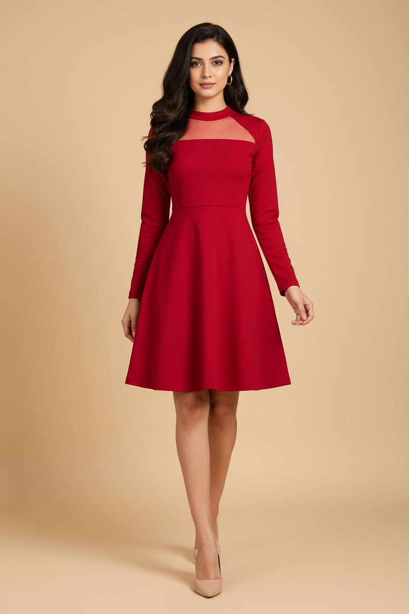 Snuggle Spot Women's Knitting stretchable Solid Round Neck Full Sleeve Dress (Red)