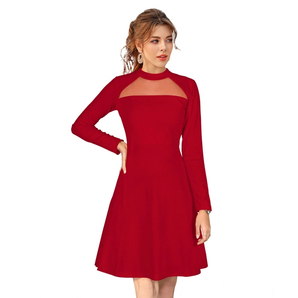 Snuggle Spot Women's Knitting stretchable Solid Round Neck Full Sleeve Dress (Red)