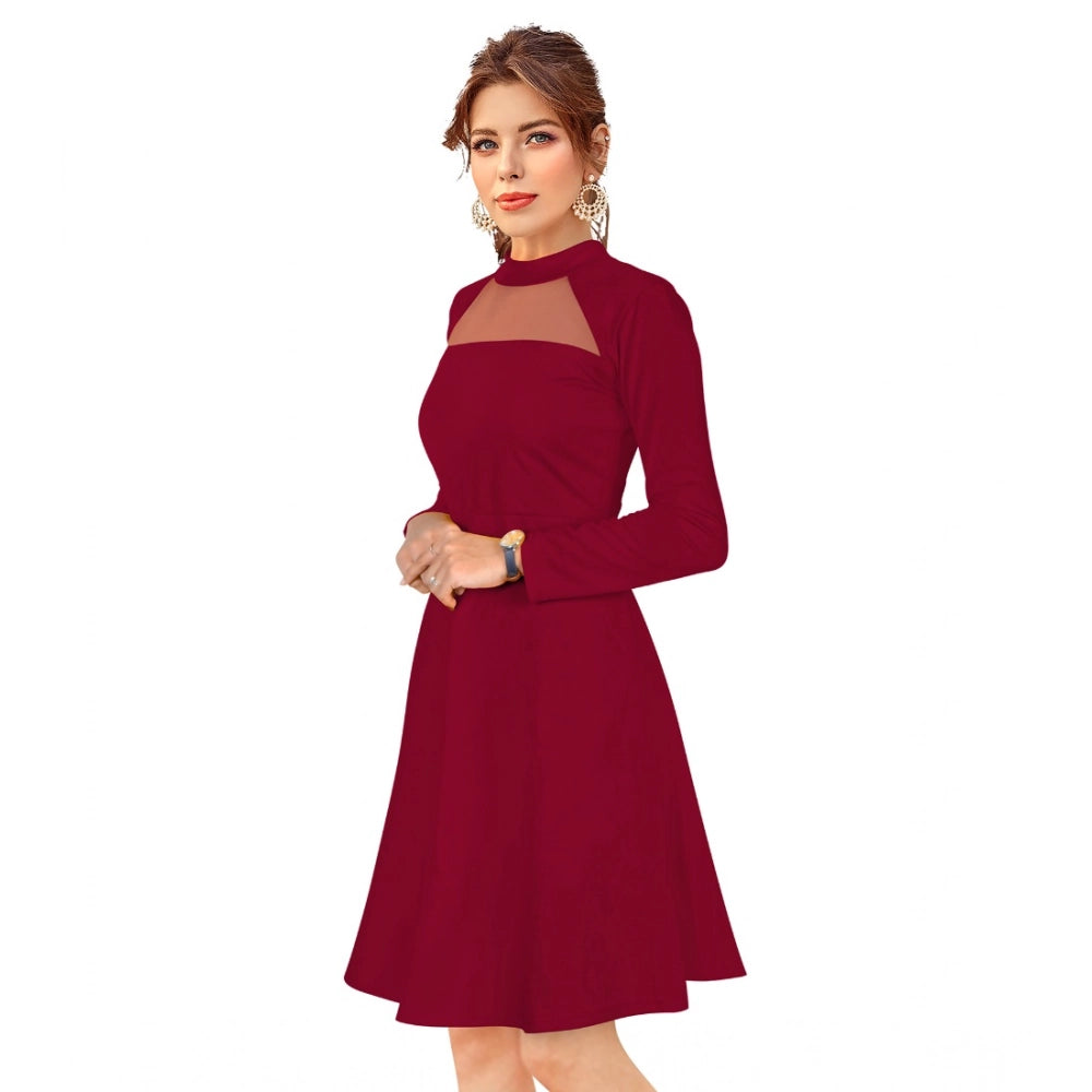 Snuggle Spot Women's Knitting stretchable Solid Round Neck Full Sleeve Dress (Maroon)