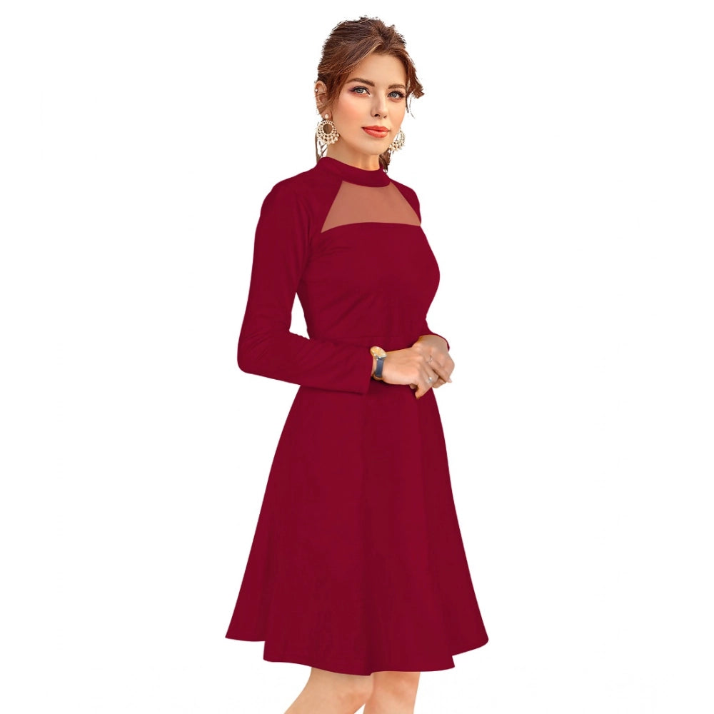 Snuggle Spot Women's Knitting stretchable Solid Round Neck Full Sleeve Dress (Maroon)