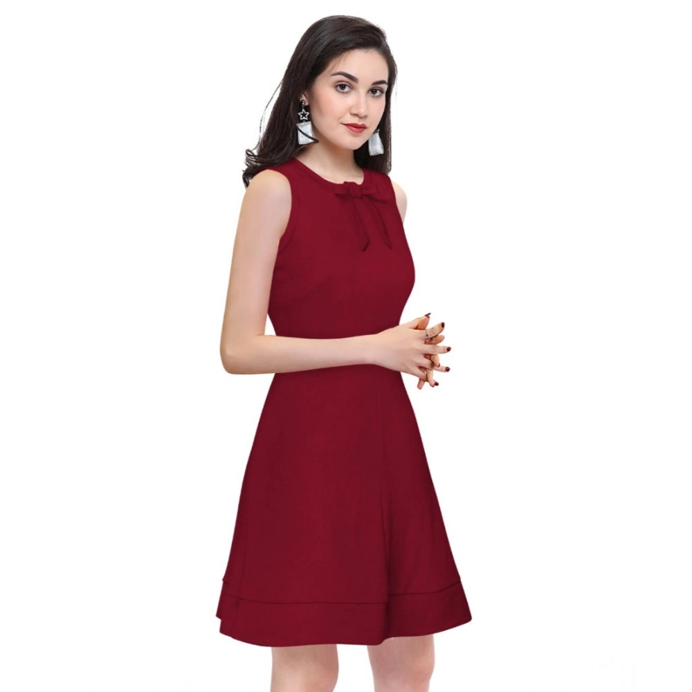 Snuggle Spot Women's Polyester Solid Round Neck Sleeveless Dress (Maroon)