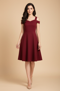 Snuggle Spot Women's Polyester Solid V Neck Cap Sleeve off Shoulder Dress (Maroon)
