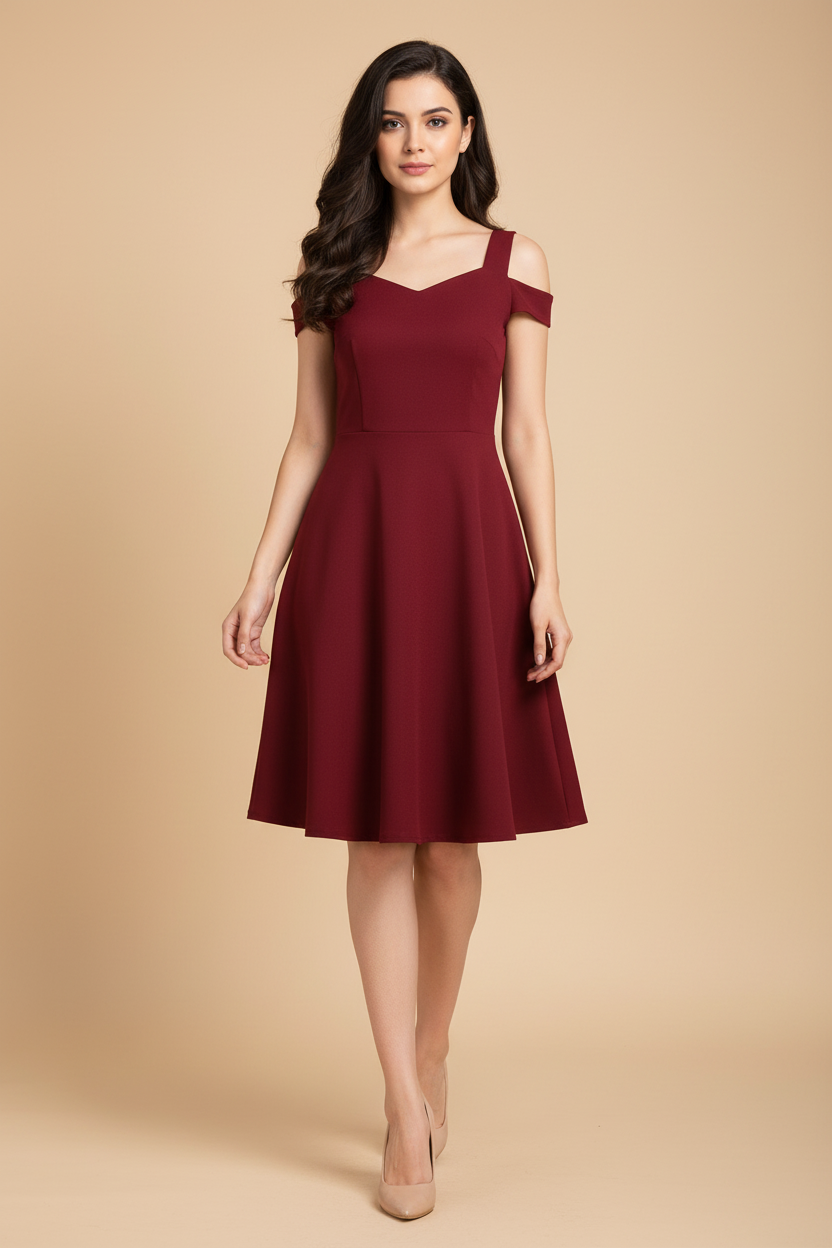 Snuggle Spot Women's Polyester Solid V Neck Cap Sleeve off Shoulder Dress (Maroon)