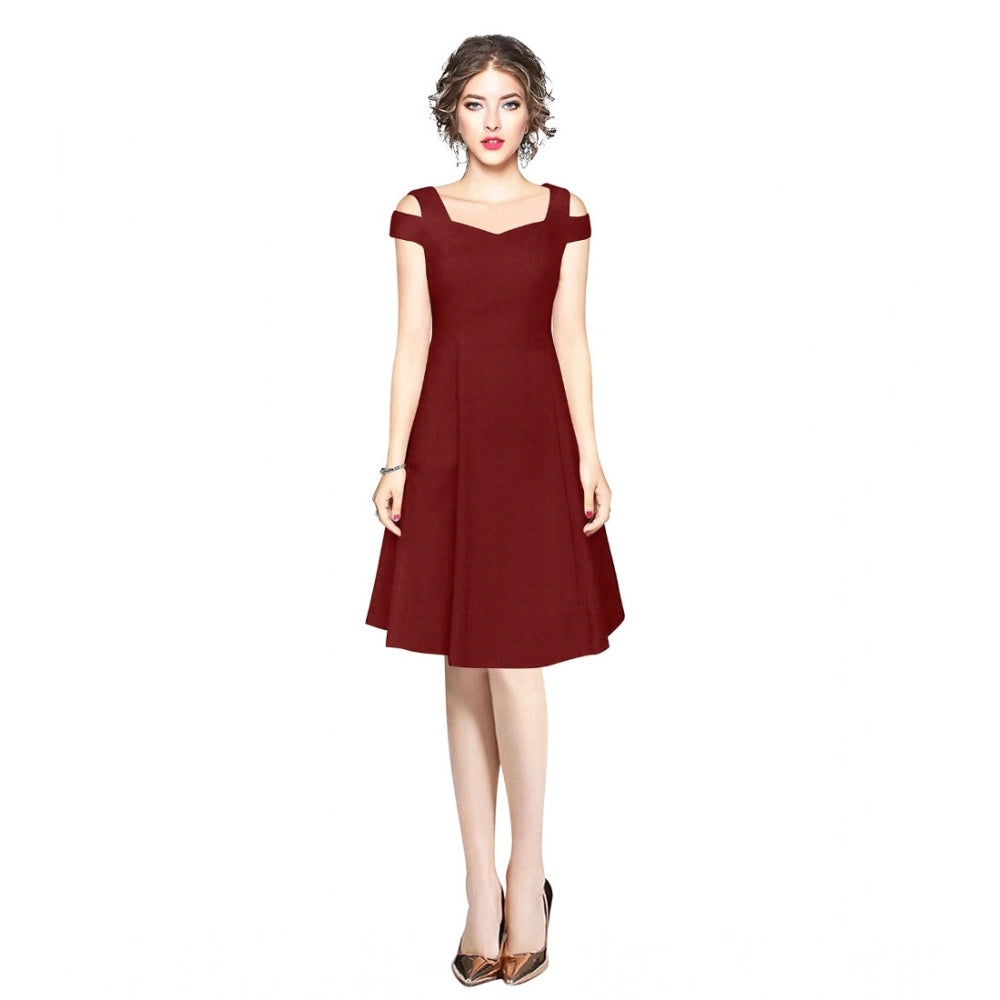 Snuggle Spot Women's Polyester Solid V Neck Cap Sleeve off Shoulder Dress (Maroon)