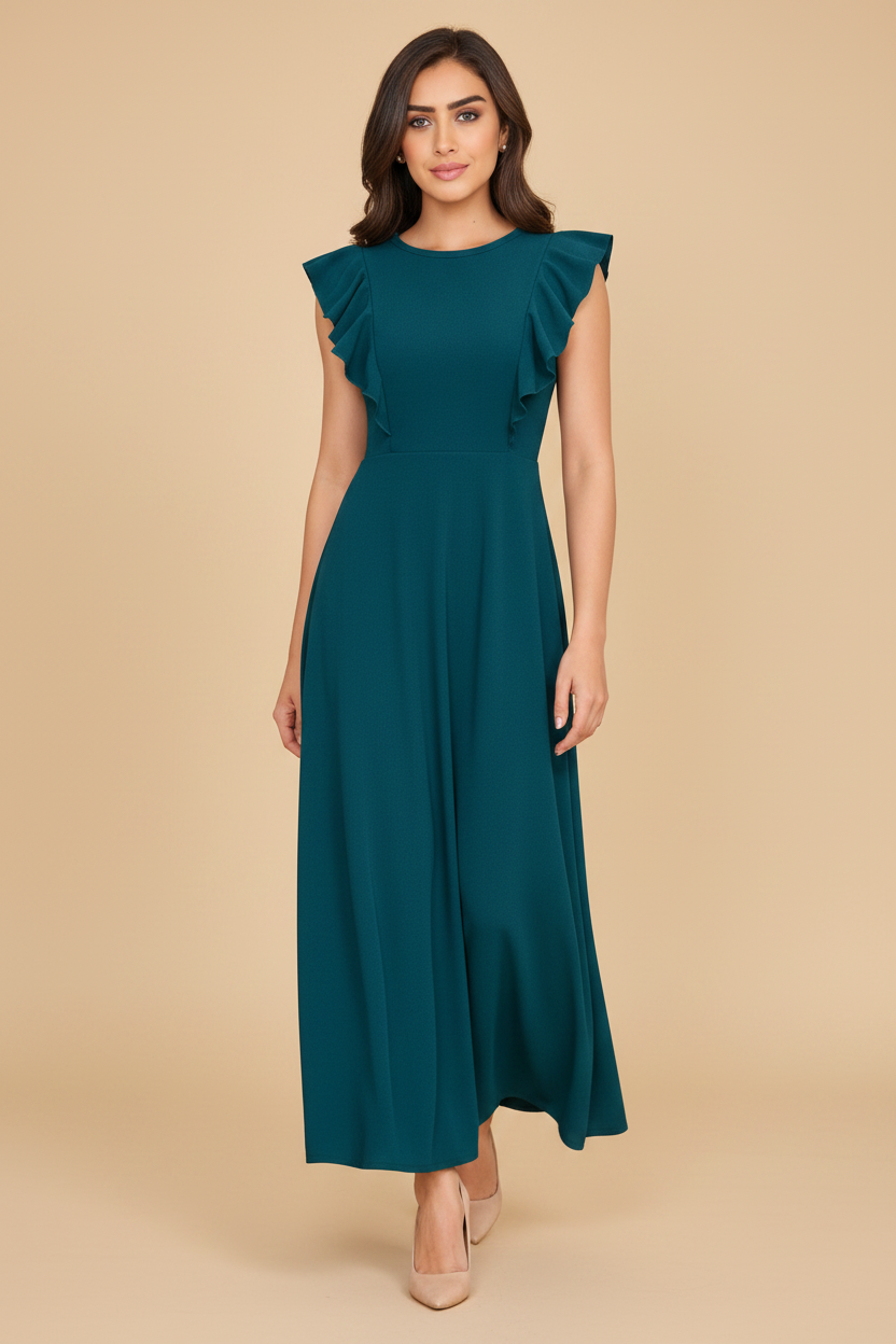 Snuggle Spot Women's Knitting stretchable Solid Round Neck Ruffled Sleeve Dress (Morpich)