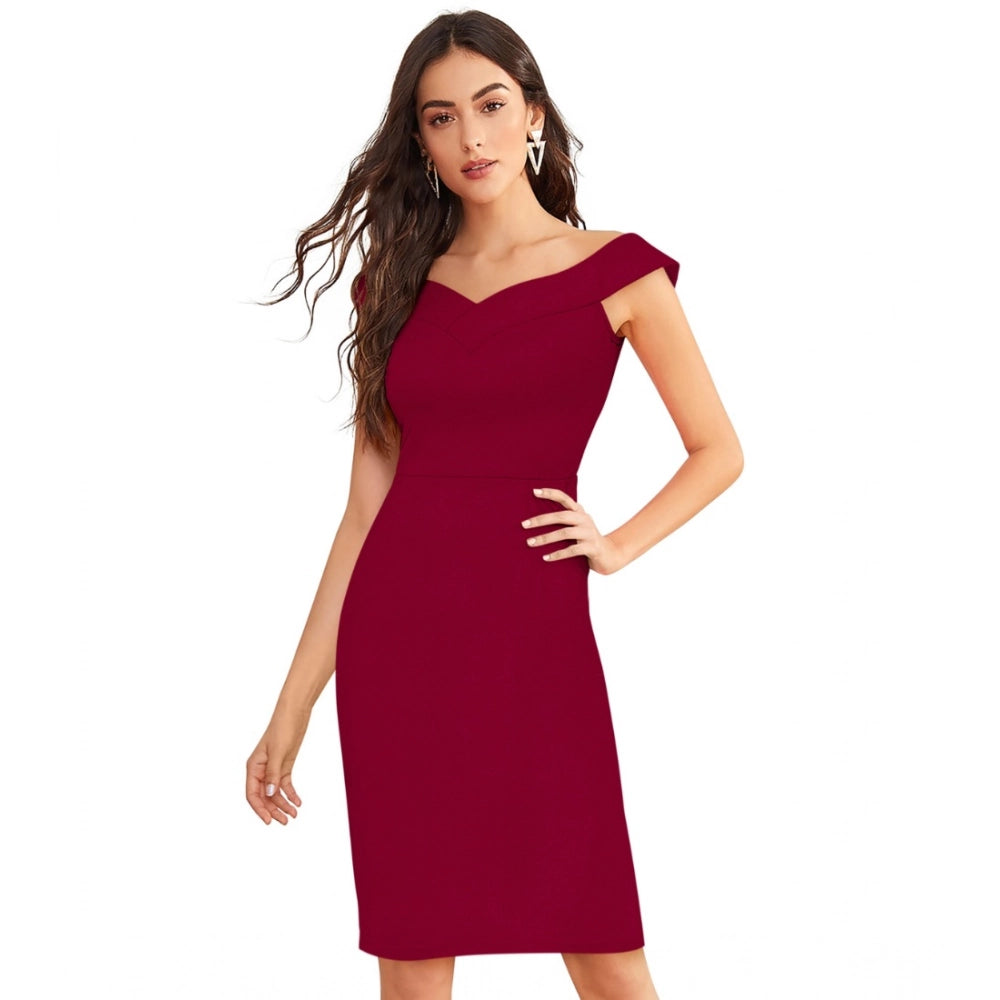 Snuggle Spot Women's Knitting stretchable Solid Round Neck Sleeveless Dress (Maroon)