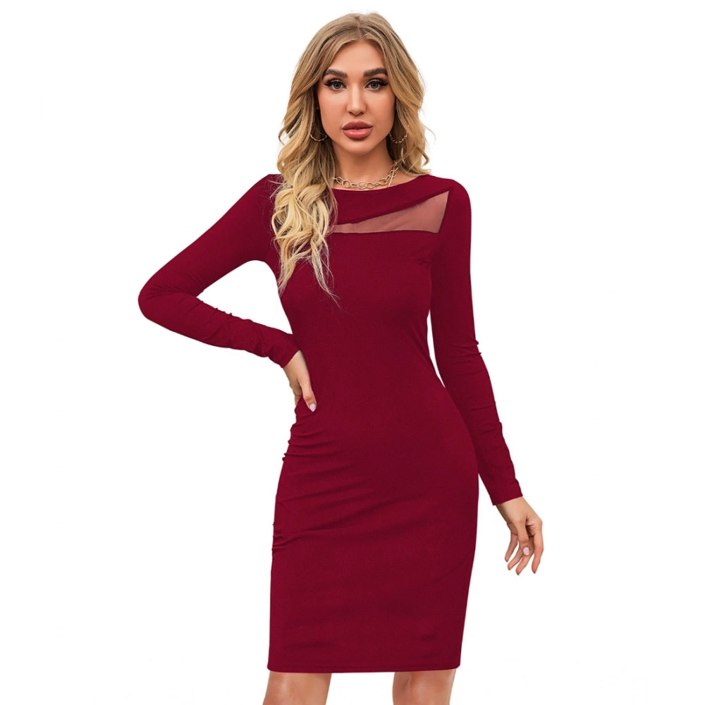 Snuggle Spot Women's Knitting stretchable Solid Round Neck Full Sleeve Dress (Maroon)