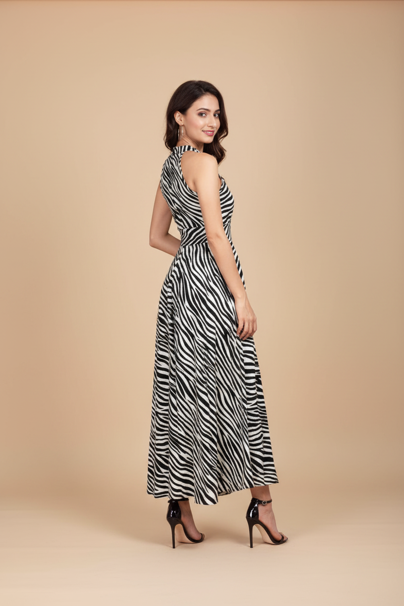 Snuggle Spot Women's Polyester Zebra Pattern Halter Neck Sleeveless Dress (White)