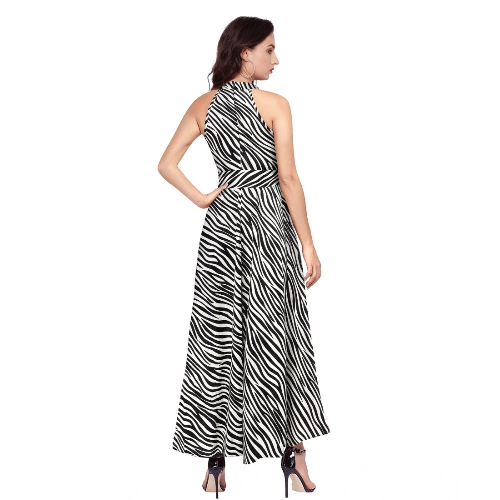 Snuggle Spot Women's Polyester Zebra Pattern Halter Neck Sleeveless Dress (White)