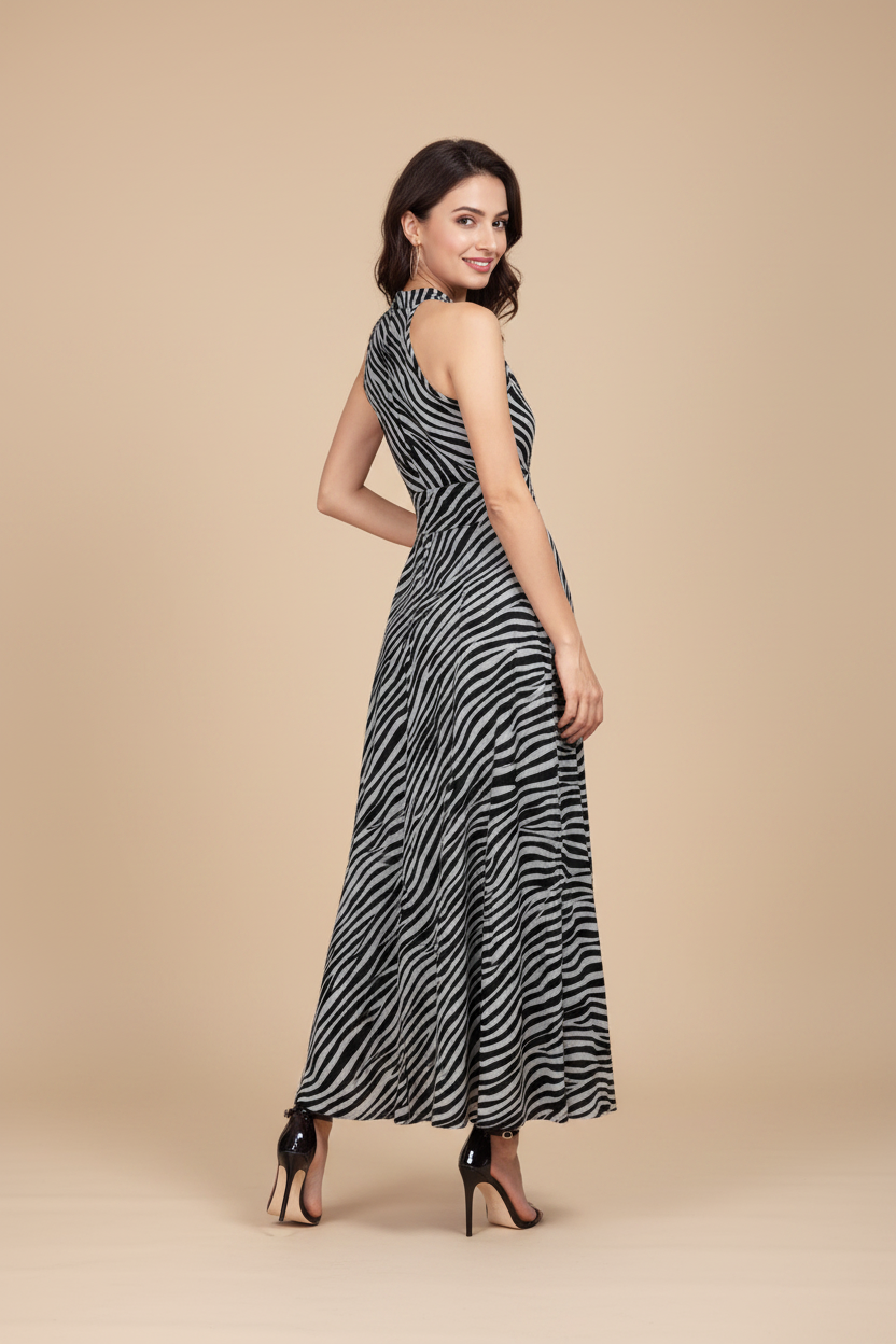 Snuggle Spot Women's Polyester Zebra Pattern Halter Neck Sleeveless Dress (Navy Blue)