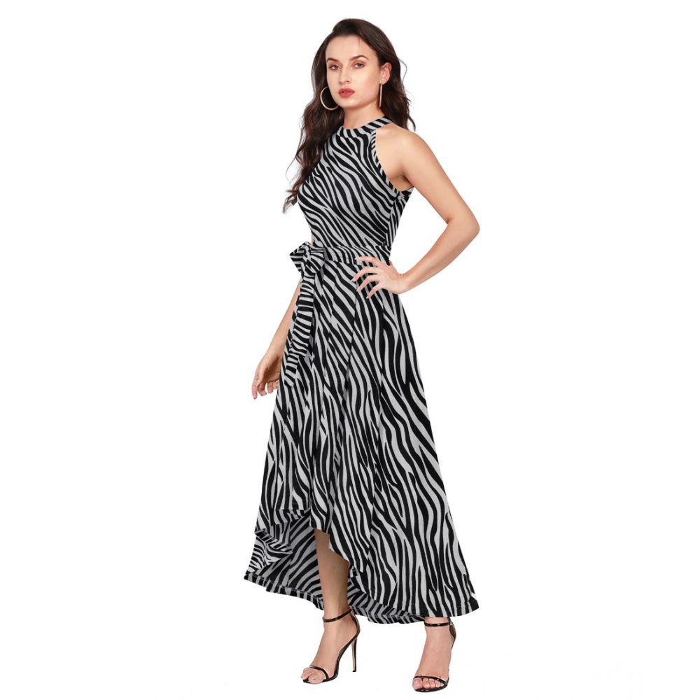 Snuggle Spot Women's Polyester Zebra Pattern Halter Neck Sleeveless Dress (Navy Blue)