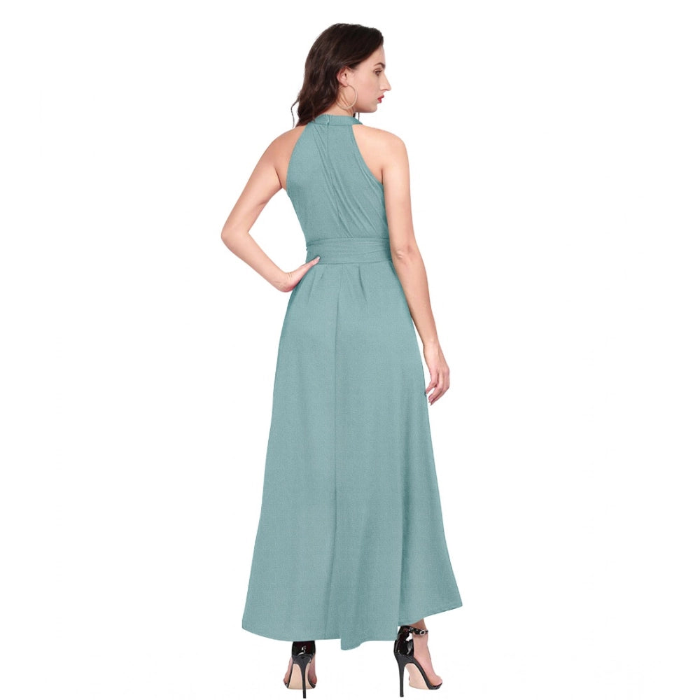 Snuggle Spot Women's Polyester Solid Halter Neck Sleeveless Dress (Pista)