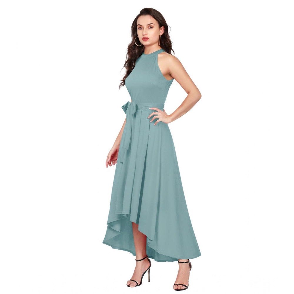 Snuggle Spot Women's Polyester Solid Halter Neck Sleeveless Dress (Pista)