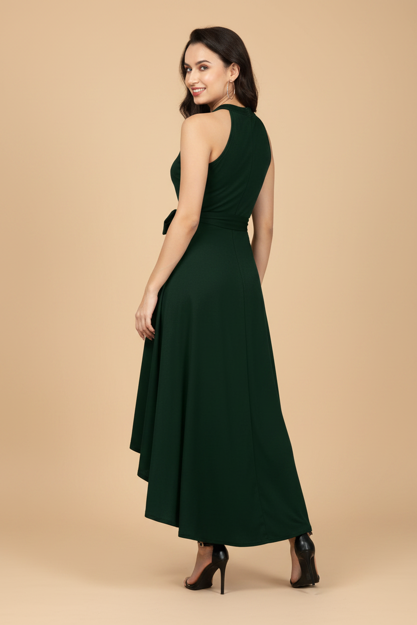 Snuggle Spot Women's Polyster Solid Halter Neck Sleeveless Dress (Green)