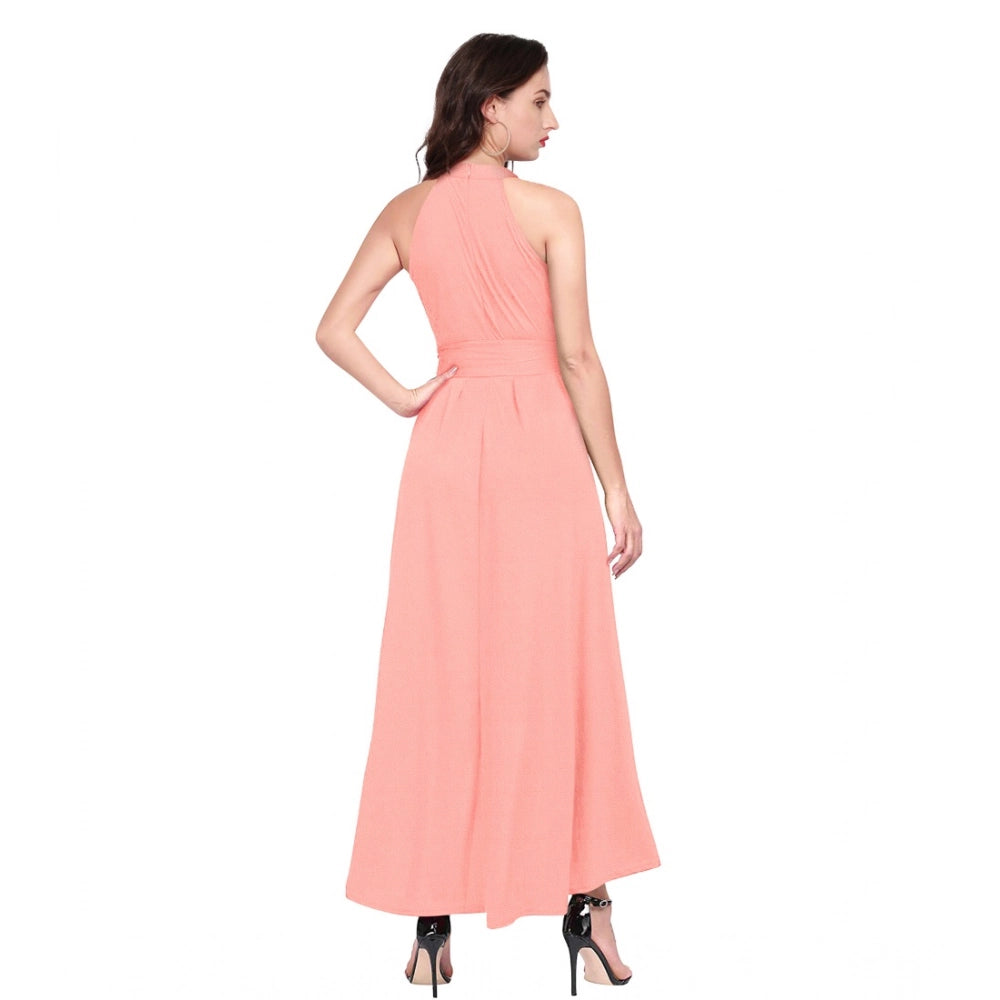 Snuggle Spot Women's Polyster Solid Halter Neck Sleeveless Dress (Peach)