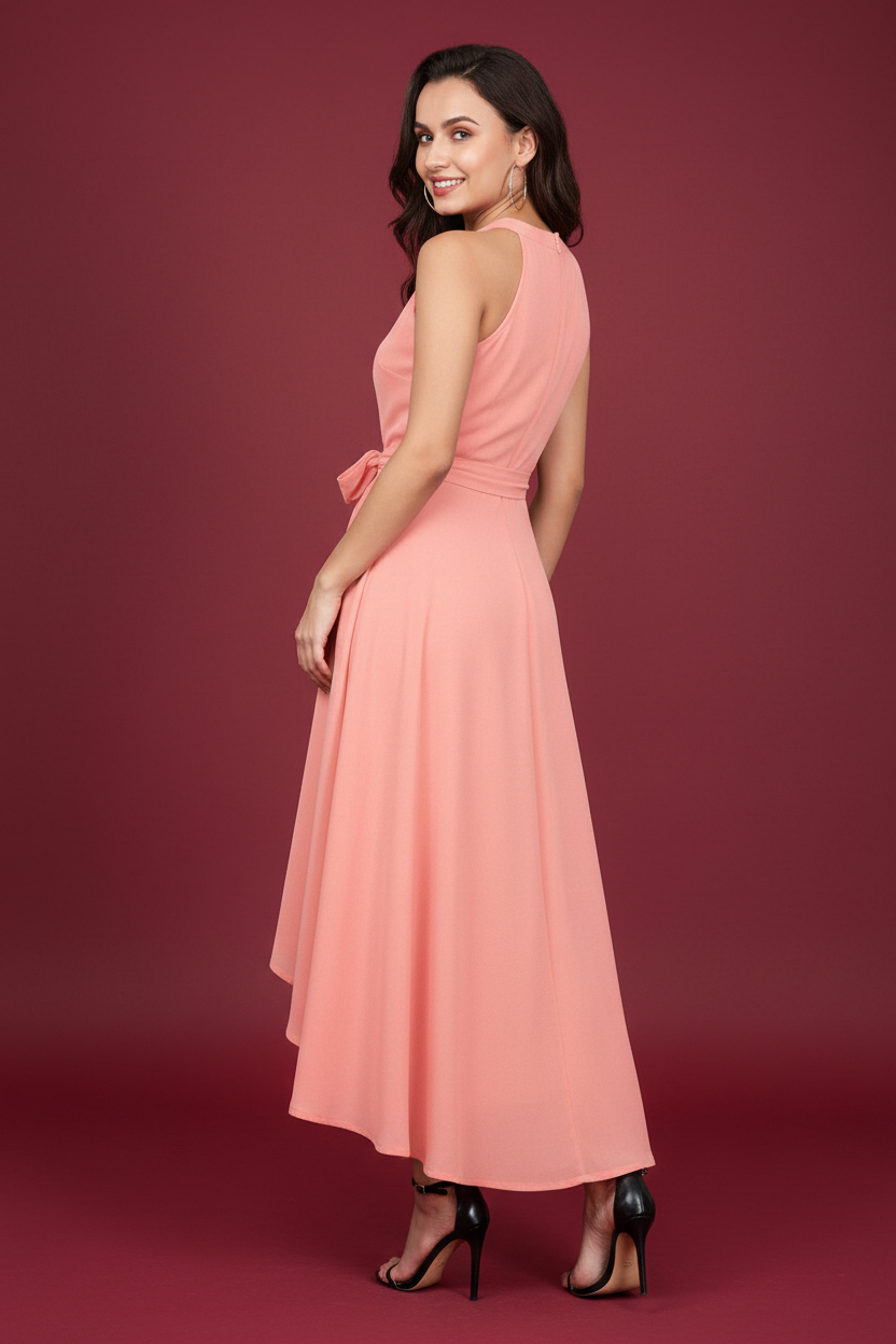 Snuggle Spot Women's Polyster Solid Halter Neck Sleeveless Dress (Peach)