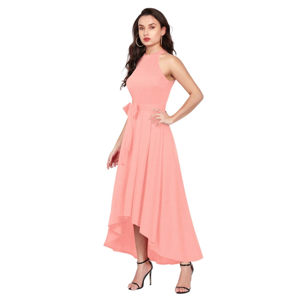 Snuggle Spot Women's Polyster Solid Halter Neck Sleeveless Dress (Peach)