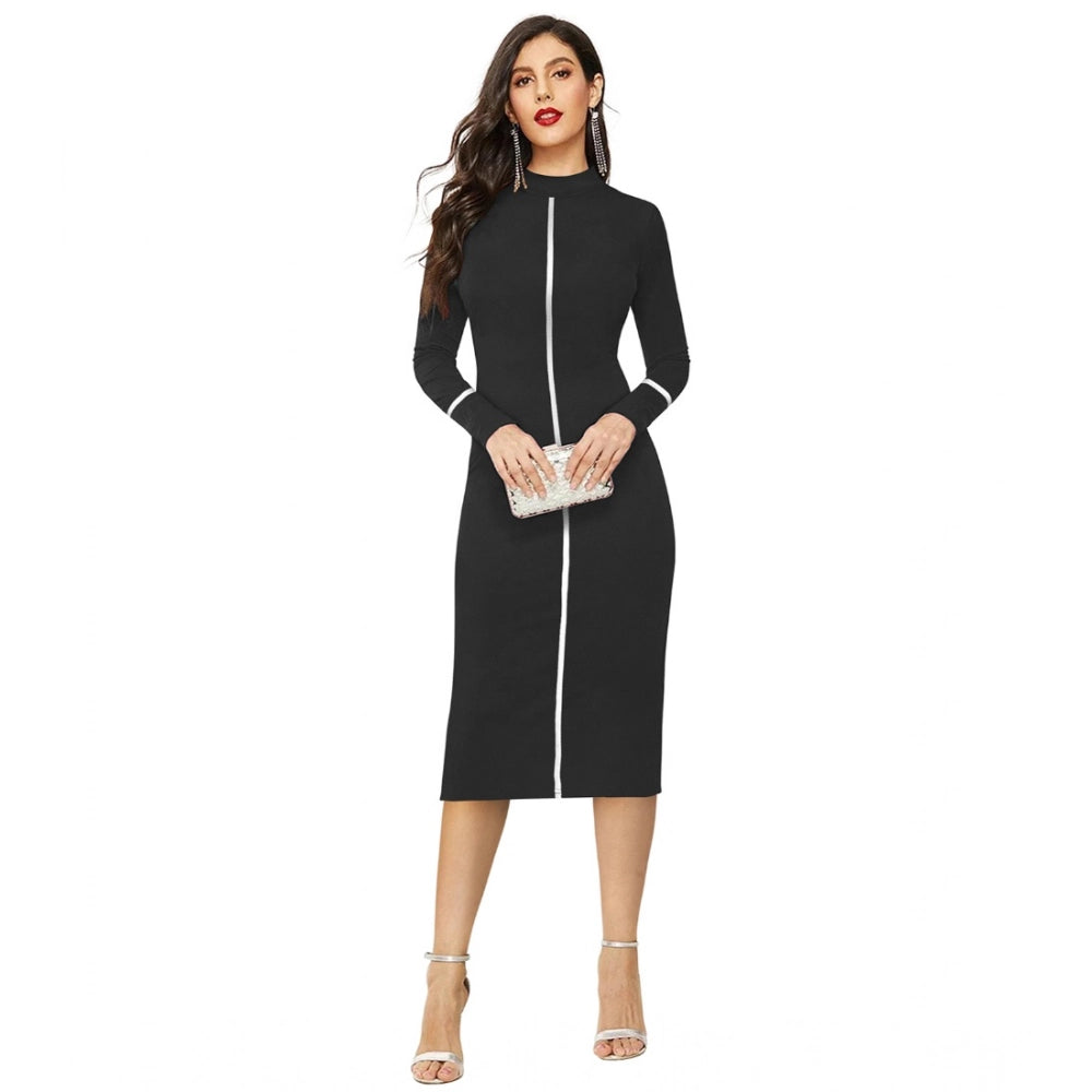 Snuggle Spot Women's Knitting stretchable Solid Round Neck Full Sleeve Dress (Black)