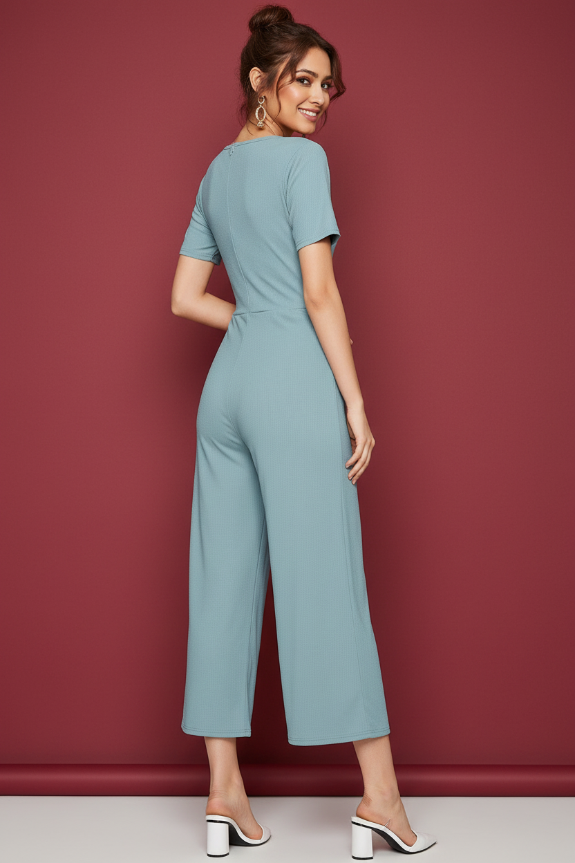 Snuggle Spot Women's Knitting stretchable Solid Round Neck Cap Sleeve Jumpsuit (Pista )