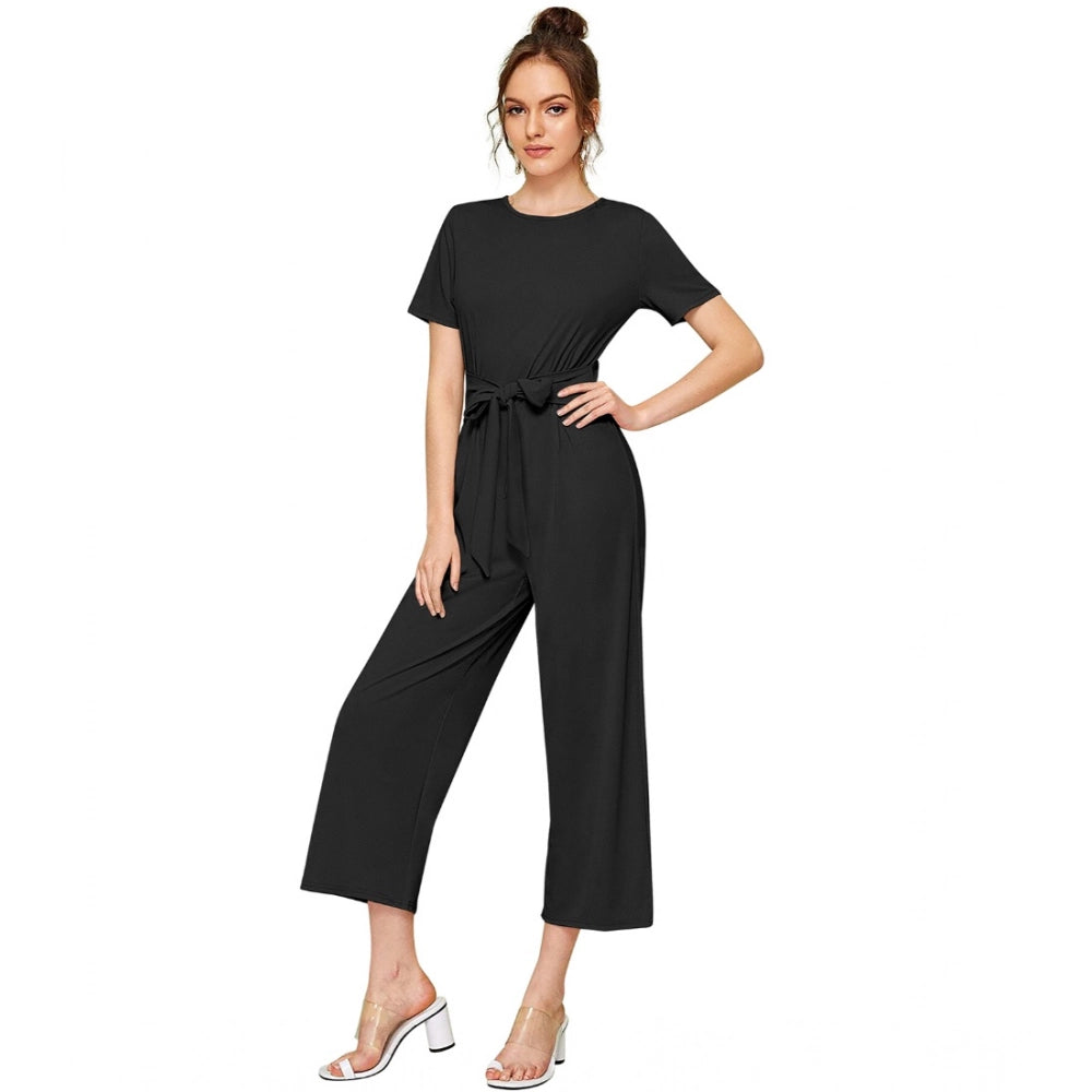 Snuggle Spot Women's Knitting stretchable Solid Round Neck Cap Sleeve Jumpsuit (Black)