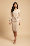 Snuggle Spot Women's Knitting stretchable Solid Round Neck Full Sleeve Dress (Beige )