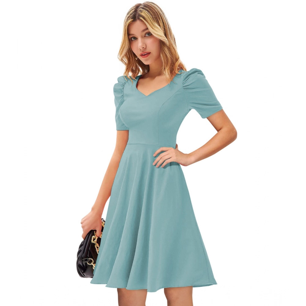 Snuggle Spot Women's Knitting stretchable Solid V Neck Cap Sleeve Dress (Pista)