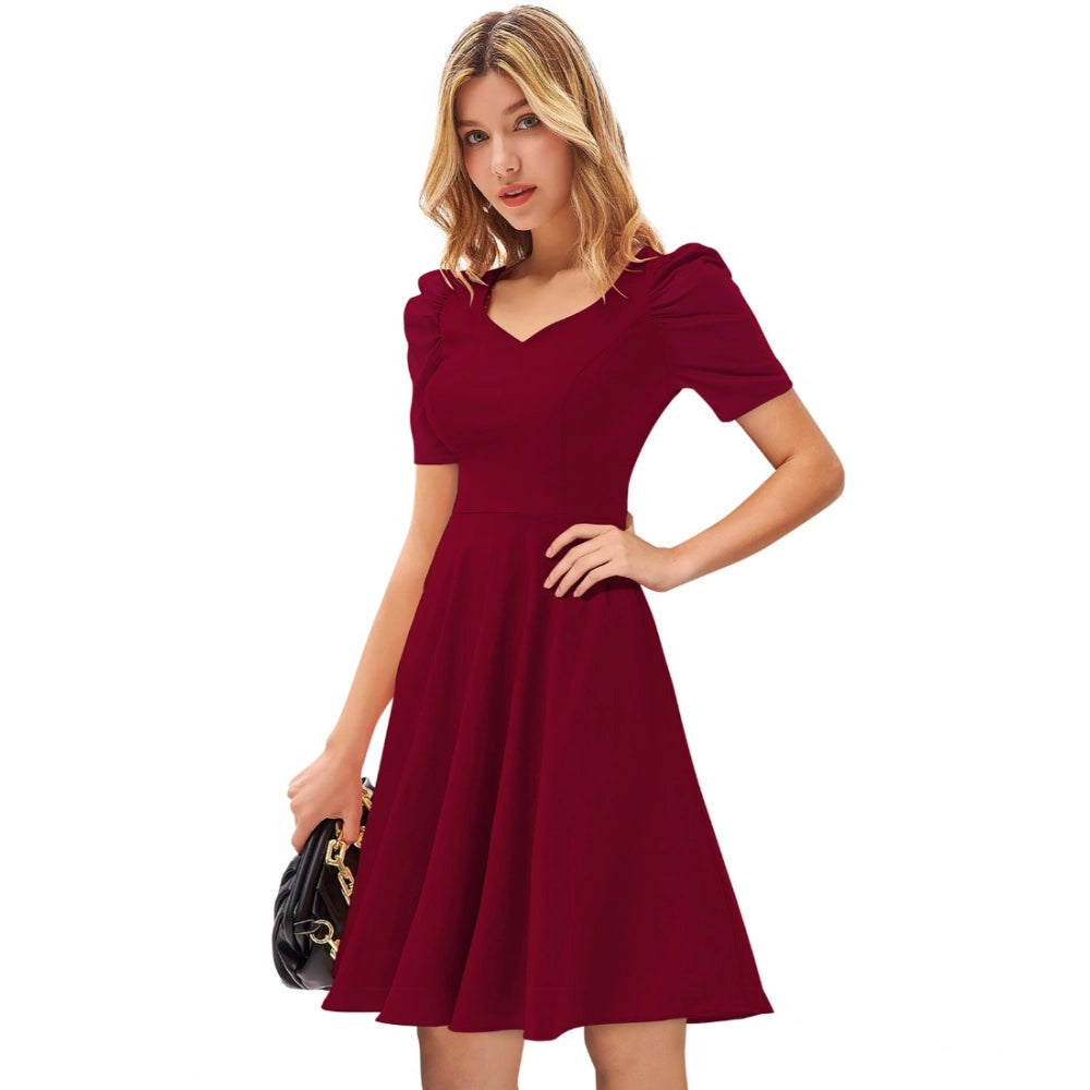 Snuggle Spot Women's Knitting stretchable Solid V Neck Cap Sleeve Dress (Maroon)