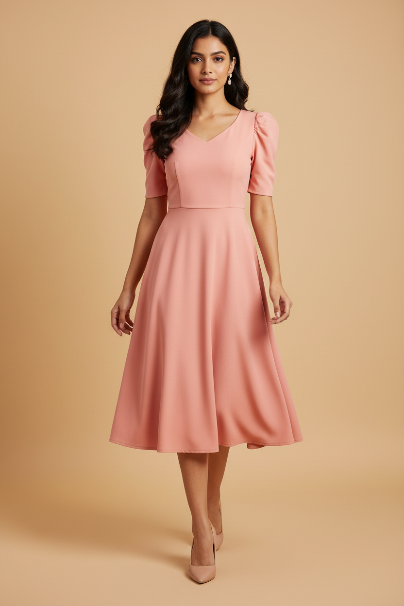 Snuggle Spot Women's Knitting stretchable Solid V Neck Cap Sleeve Dress (Peach)